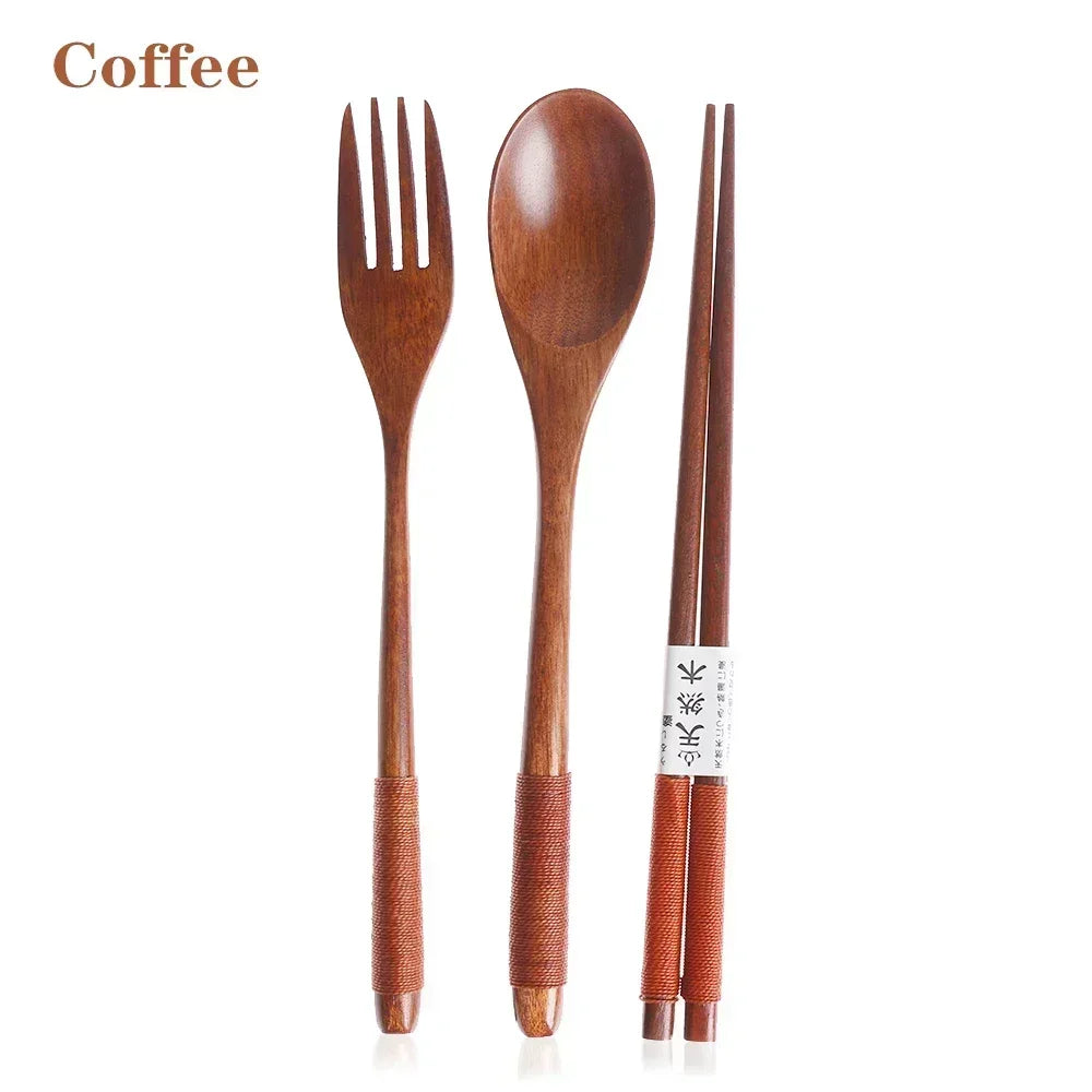 Portable Wooden Cutlery Set – Reusable Bamboo Spoon Fork Knife with Bag
