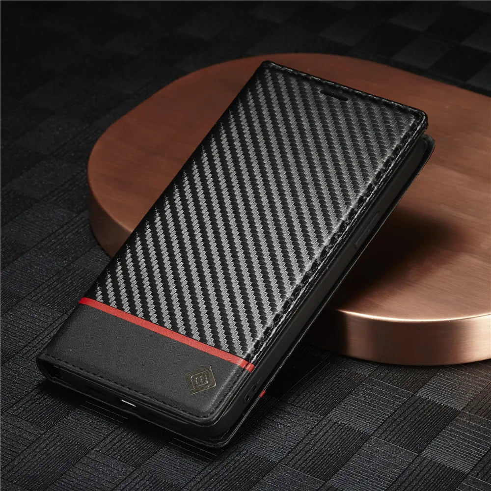 Carbon Fibre PU Leather Wallet Flip Case for iPhone with Card Slot & Magnetic Cover