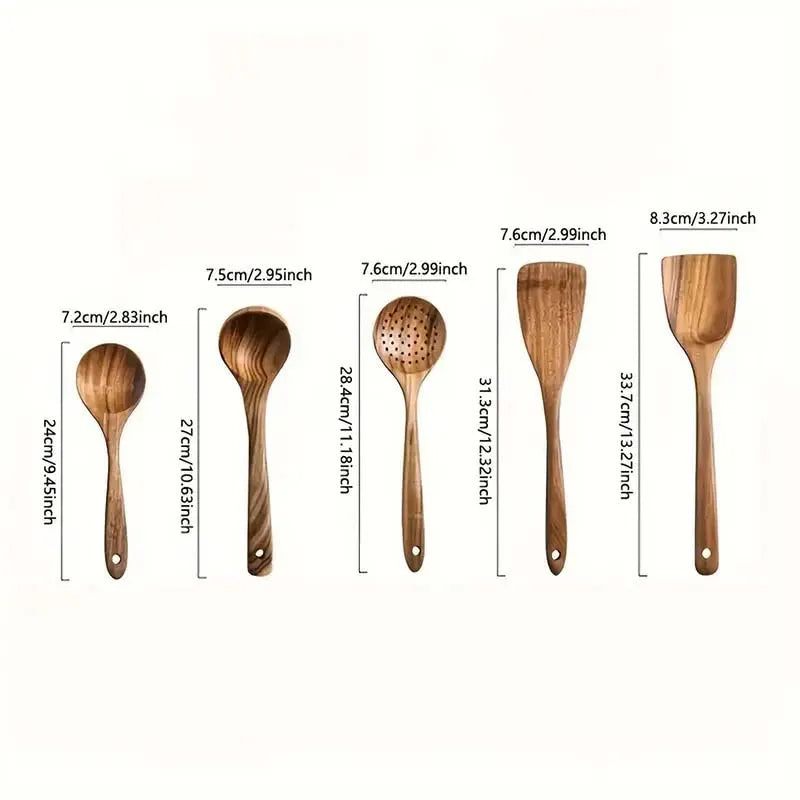 Bohemian Style 5PCS Wooden Kitchen Utensil Set Osier Pattern Spoon & Ladle Non-Stick Cookware Safe Natural Cooking Tools
