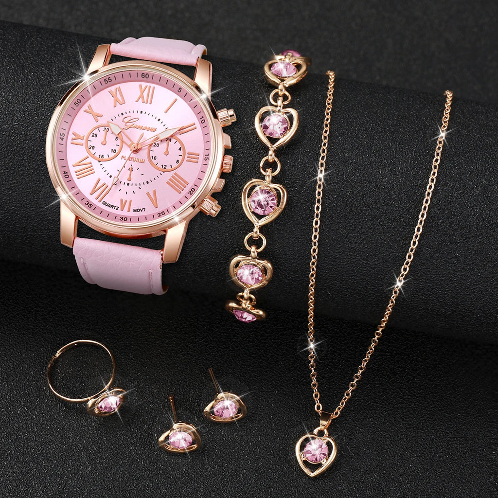 Women’s Quartz Watch & Heart Jewellery Set with Leather Strap