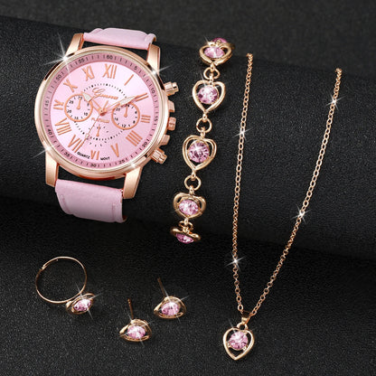 Women’s Quartz Watch & Heart Jewellery Set with Leather Strap