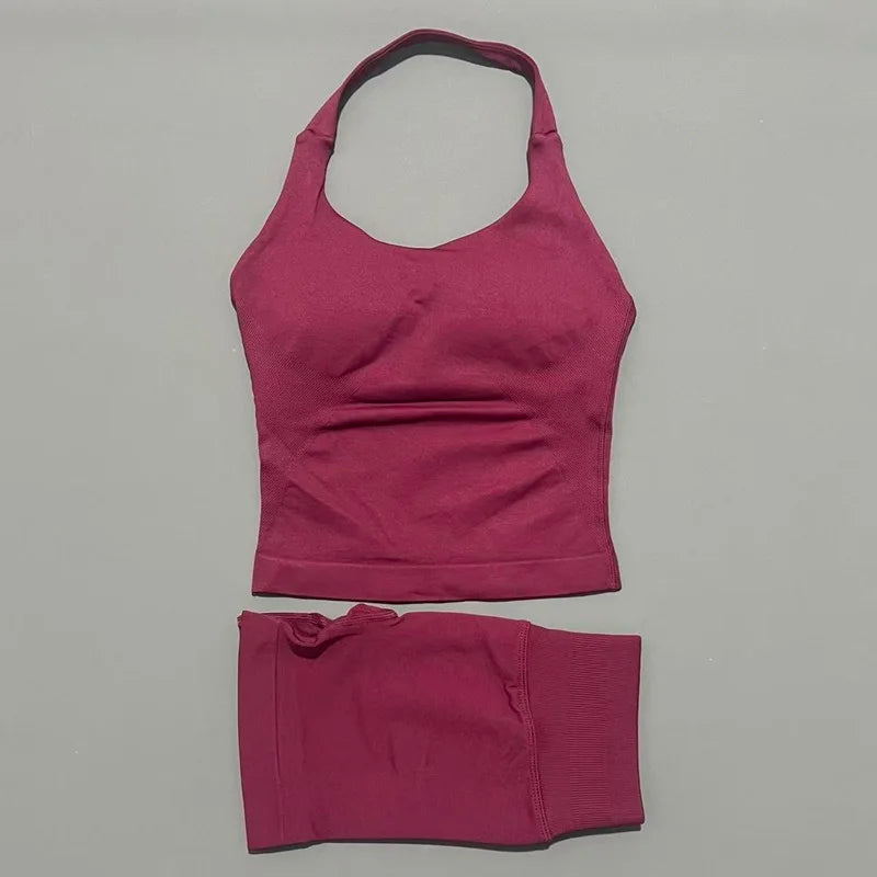 2 Pcs HISTELLO Halter Top Strappy Bra Shorts Set Women Yoga Workout Clothes Seamless Vest Hip-Lifting Sports Leggings Gym Suit