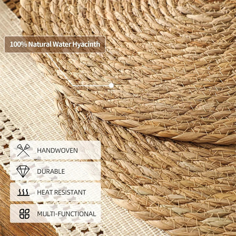 Boho Woven Rattan Placemats Set – Natural Round Farmhouse Table Mats