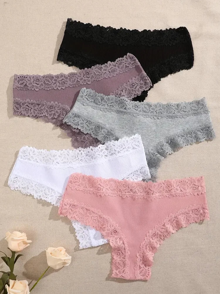 Women’s Cotton Lace Bikini Briefs – 5 Pack (S–XL)
