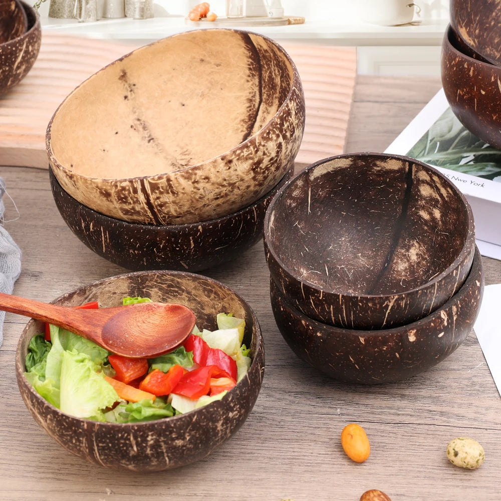 12-15cm Natural Coconut Bowl Serving Dishes Fruit Salad Wooden Reusable Utensils Polished Coconut Shell Bowls Breakfast Party