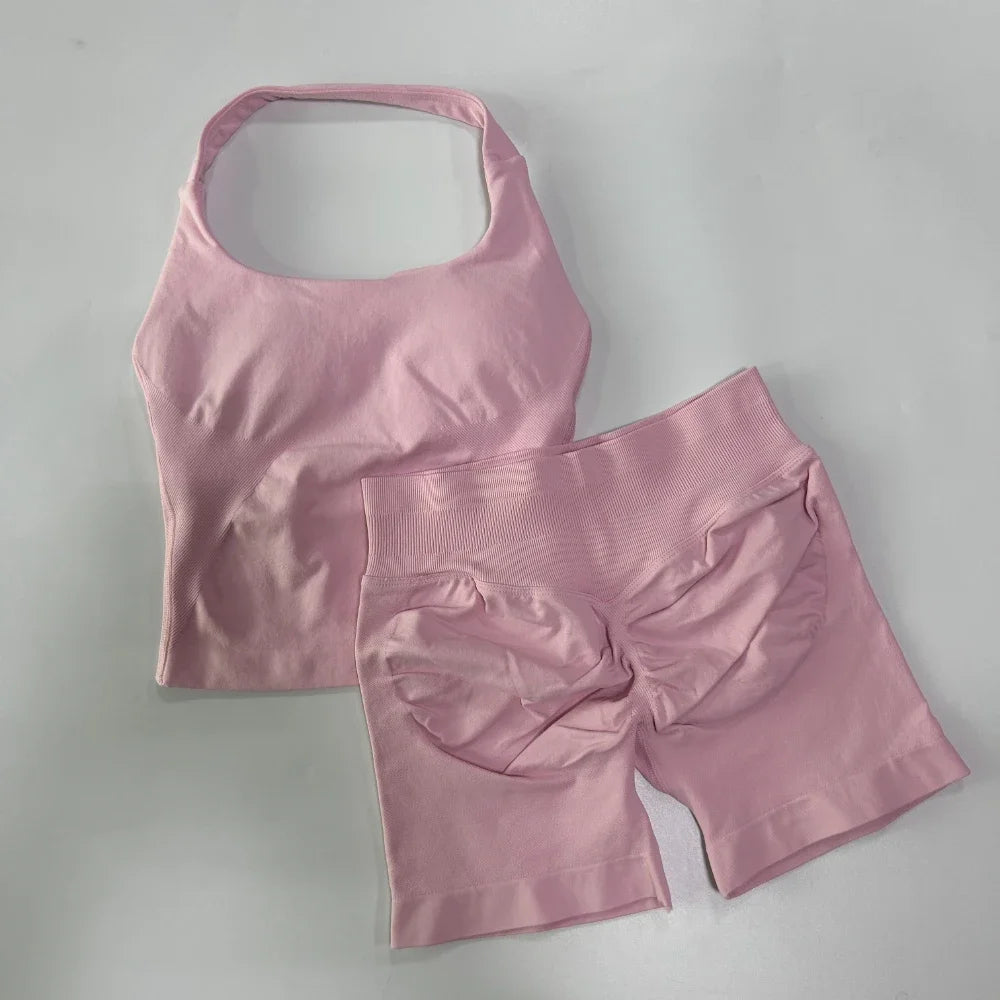 Yoga 2 Pieces Gym Set Women Backless Halter Tops High Waist Seamless Shorts Gym Suit Fitness Sports Bras Sportswear Workout Sets