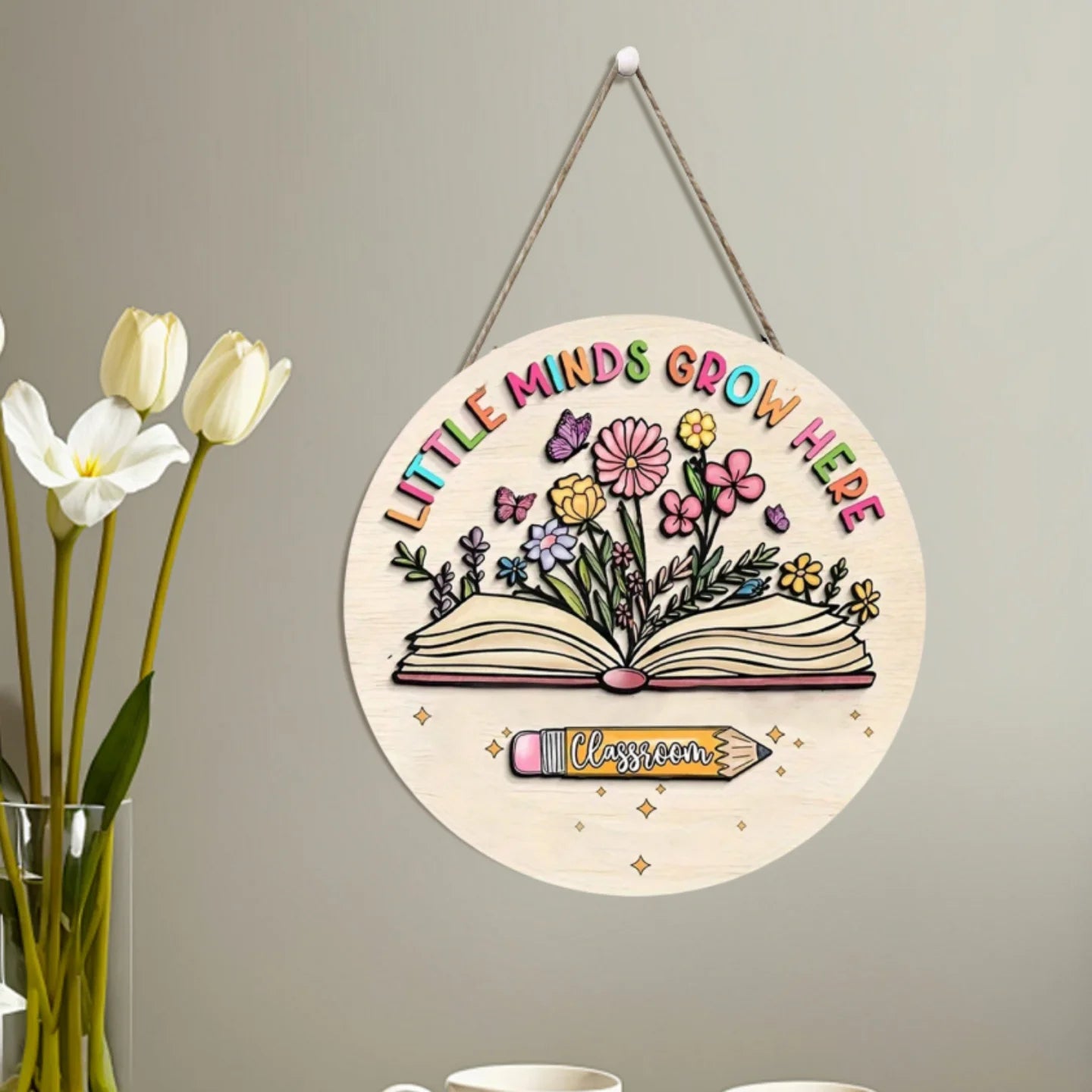 2D Wooden Cartoon Flower Signboard – Classroom & Library Door Hanging Decor