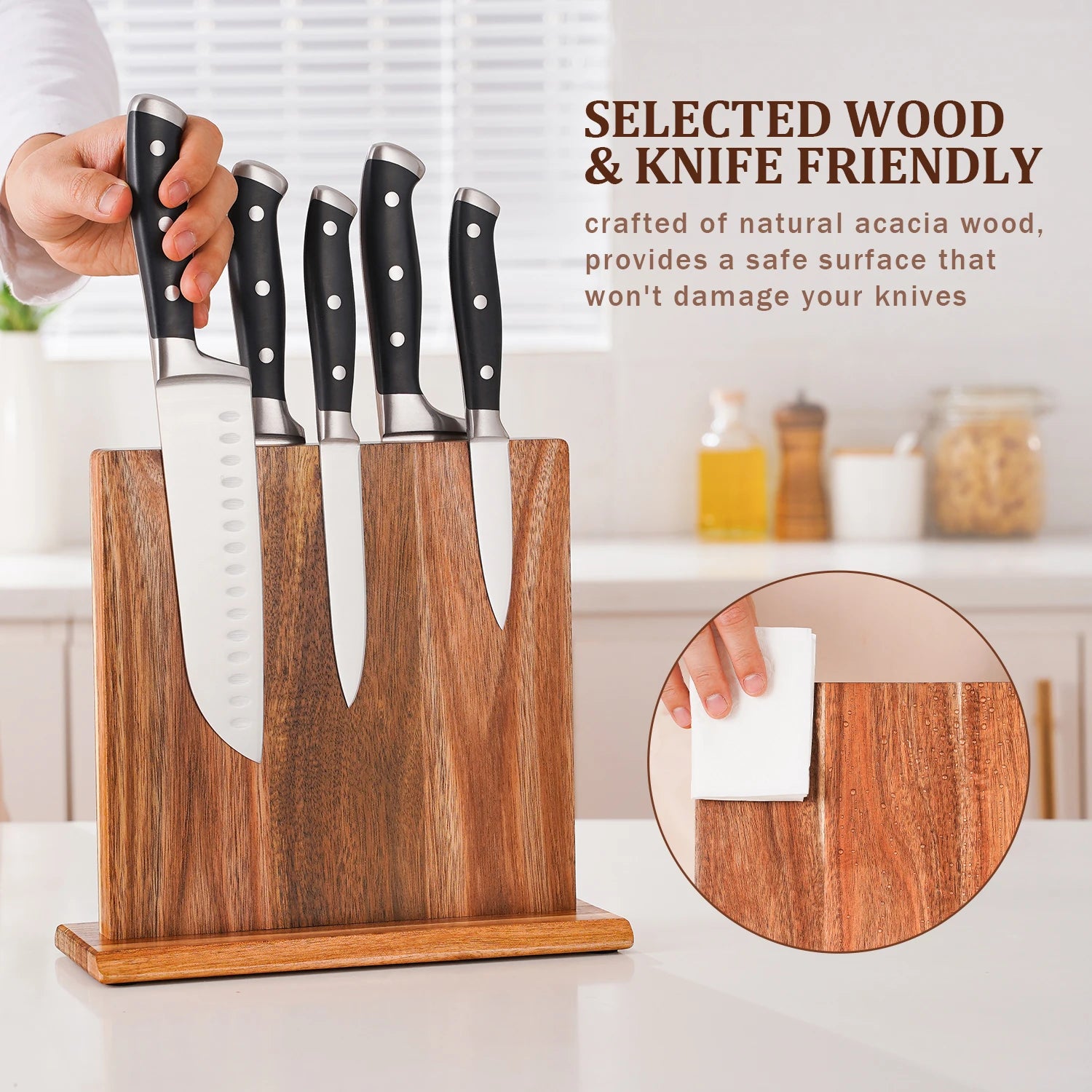 Acacia Wood Magnetic Knife Block Holder Strong Magnet Kitchen Knife Stand Rack Wooden Knife Storage