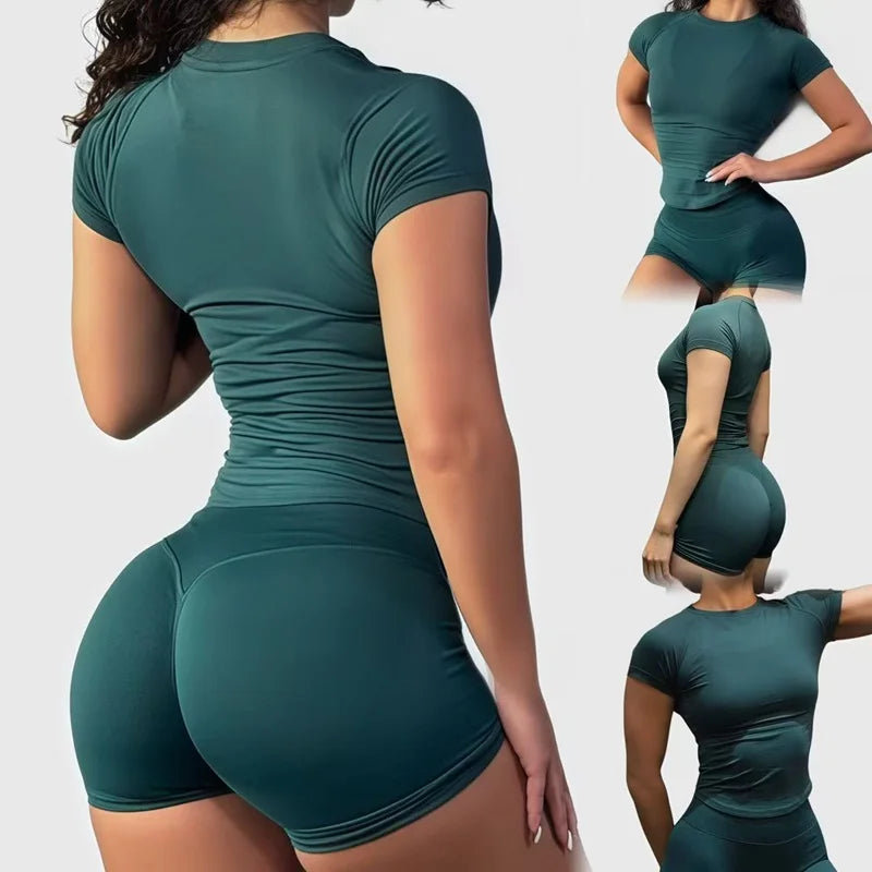 2 Piece Impact Sports Set Women Gym Yoga Set Seamless Fitness Gym Clothes Sportswear Short Sleeve Top Sports Short Leggings Suit