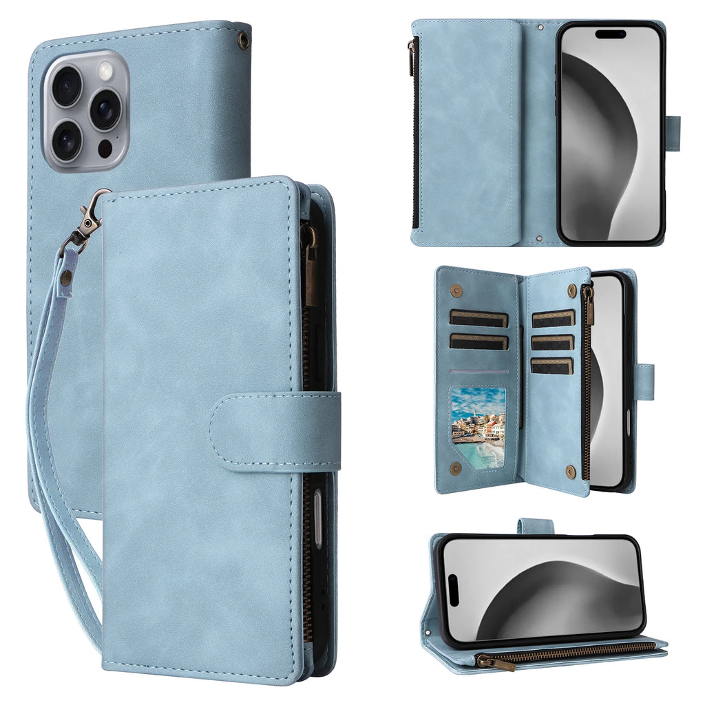 iPhone Leather Wallet Case – Magnetic Flip with Card Slots & Zipper