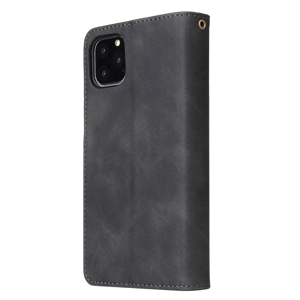 iPhone Leather Wallet Case – Magnetic Flip with Card Slots & Zipper