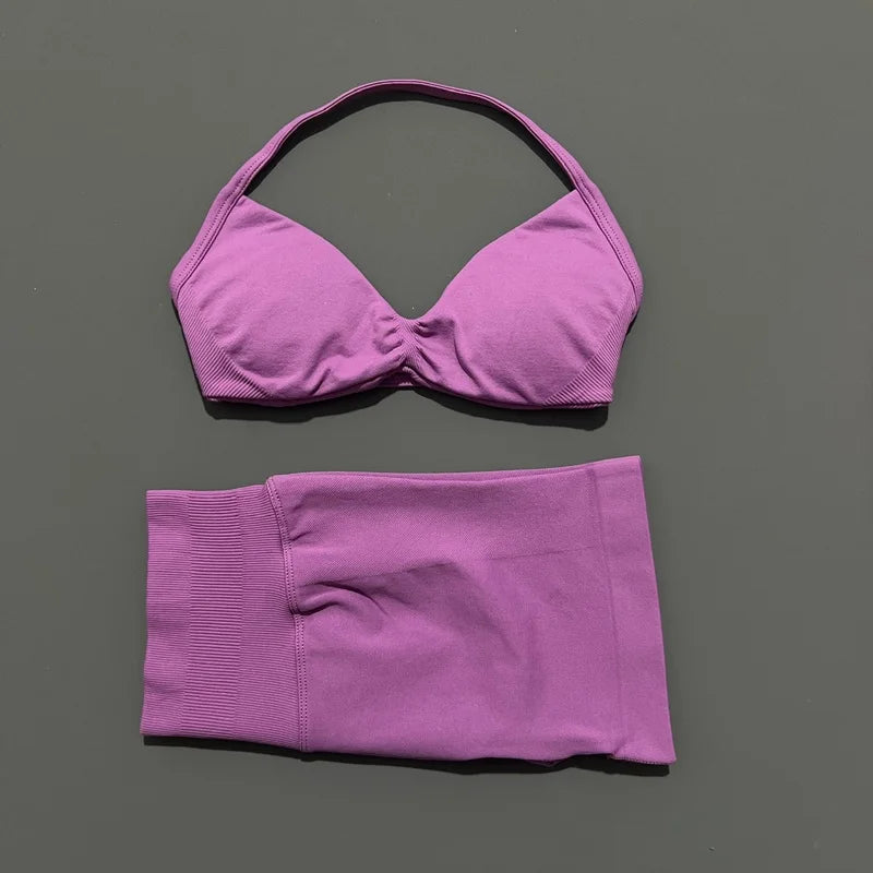 2 Pieces Yoga Gym Set Women Seamless Strappy Yoga Bra High Waist Workout Scrunch Shorts Sports Set Fitness Clothes Sportswear