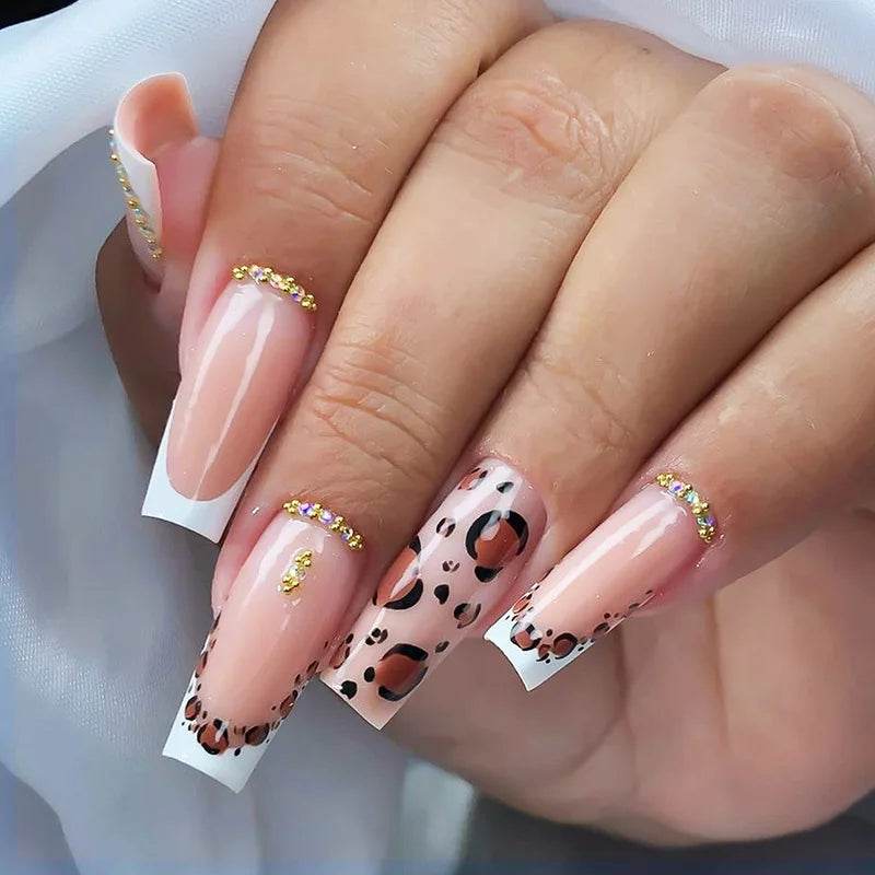 24pcs Long Square Press-On Nails – Leopard French Design with 3D Cherry & Rhinestones