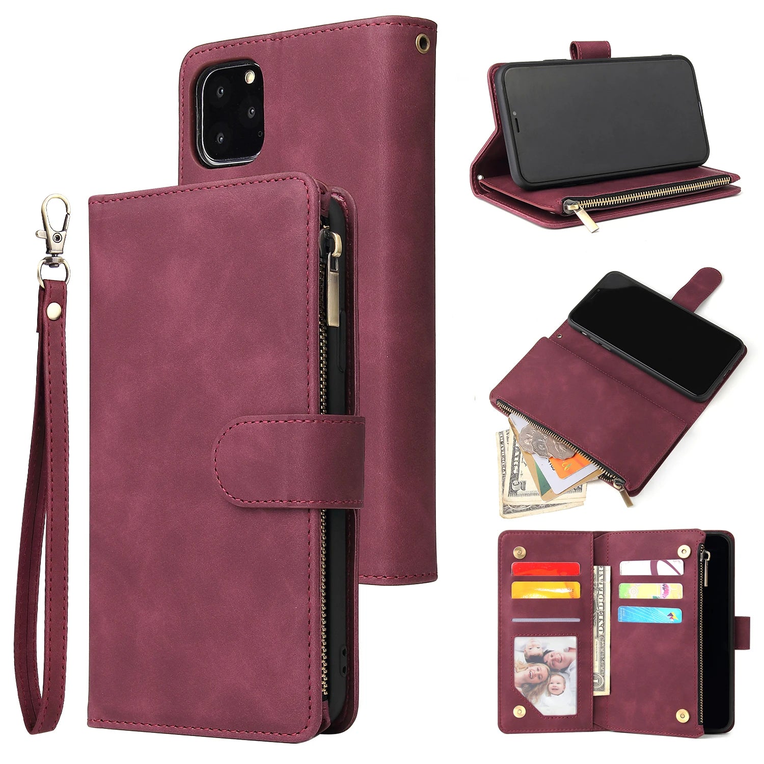 iPhone Leather Wallet Case – Magnetic Flip with Card Slots & Zipper