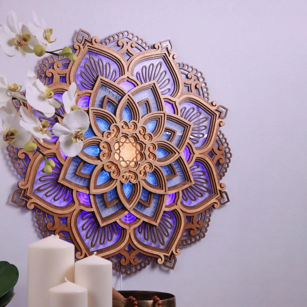 LED Mandala Lotus Lamp – Wooden Yoga Room Wall Night Light