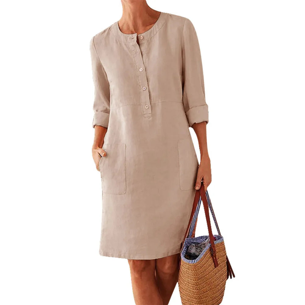 Women’s Cotton Linen Tunic Dress – Long Sleeve Knee-Length