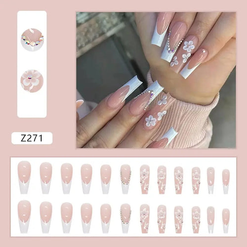 24pcs Long Coffin French Ballerina False Nails with Glue – Full Cover Press-On Tips
