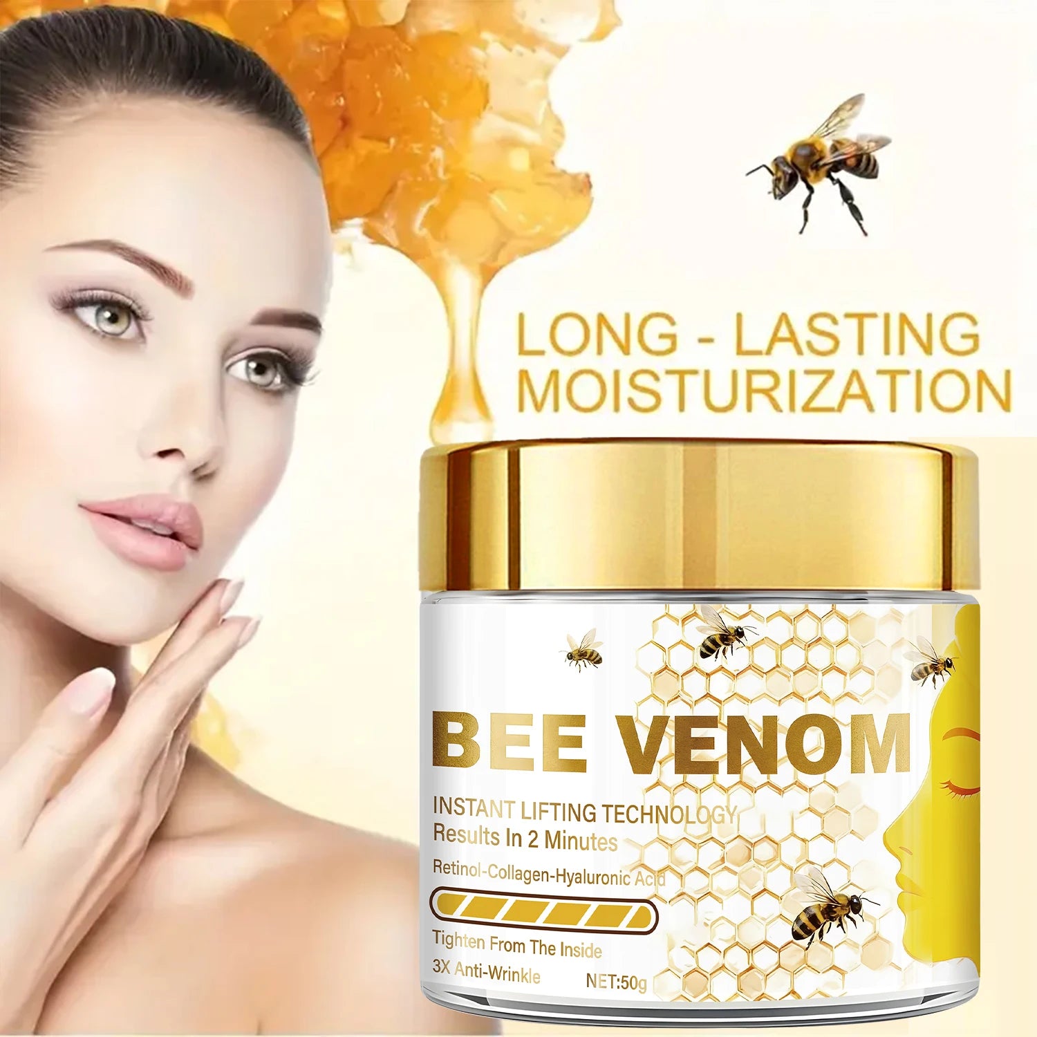 Bee venom instant lifting face cream, containing retinol and collagen, deeply penetrates, tightens and moisturizes