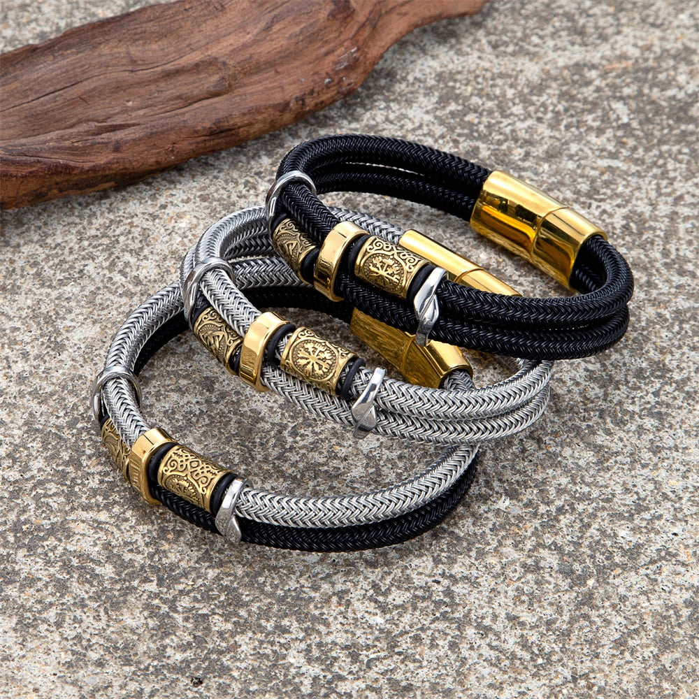 Vikings Runes Double-Layer Unfading Steel Wire Rope Bracelets Men Norse Gold Color Stainless Steel Wristband Luxury Male Jewelry