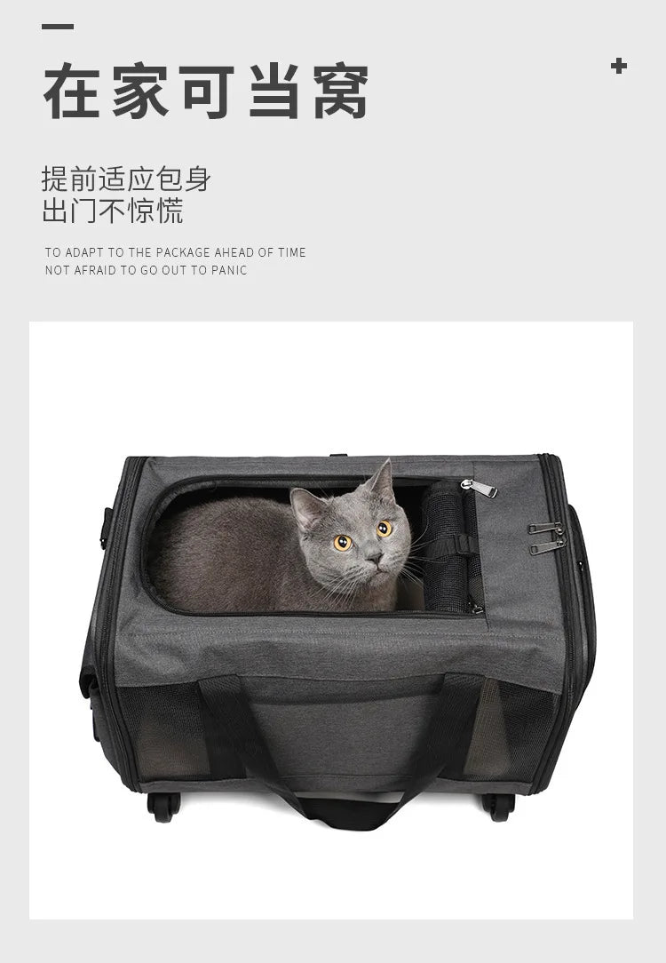 Silent Large Capacity Cat Bag Portable Foldable Pet Suitcase Universal Wheels Breathable Pet Travel Backpack