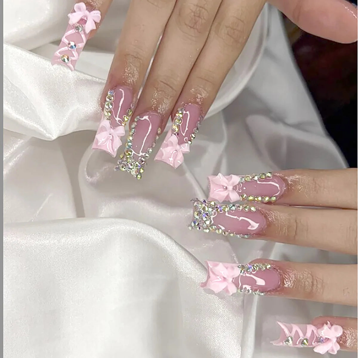 24pcs Long Square Press-On Nails – Leopard French Design with 3D Cherry & Rhinestones