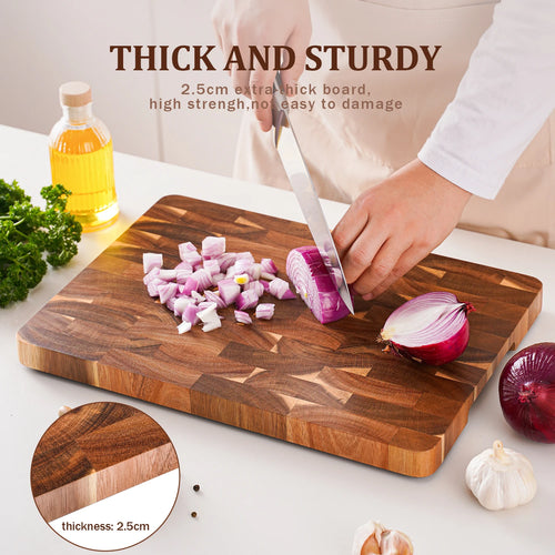 15 Inch End Grain Acacia Wood Cutting Board Rectangular Chopping Board with Side Handle Butcher Block