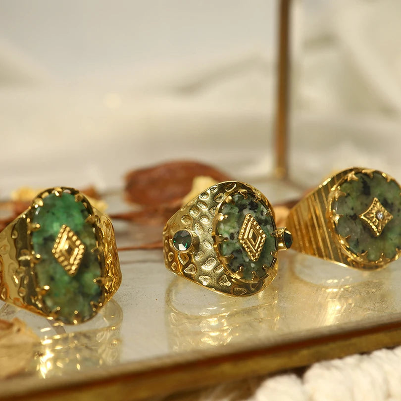 Trendy Women’s Wide Stainless Steel Stone Ring – Bohemian Vintage Style