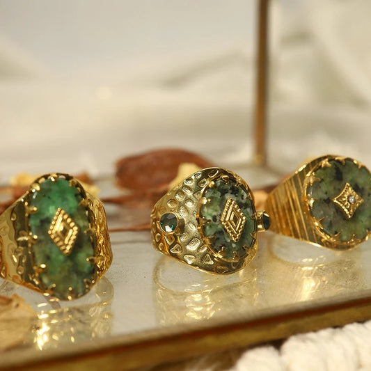 Trendy Women’s Wide Stainless Steel Stone Ring – Bohemian Vintage Style