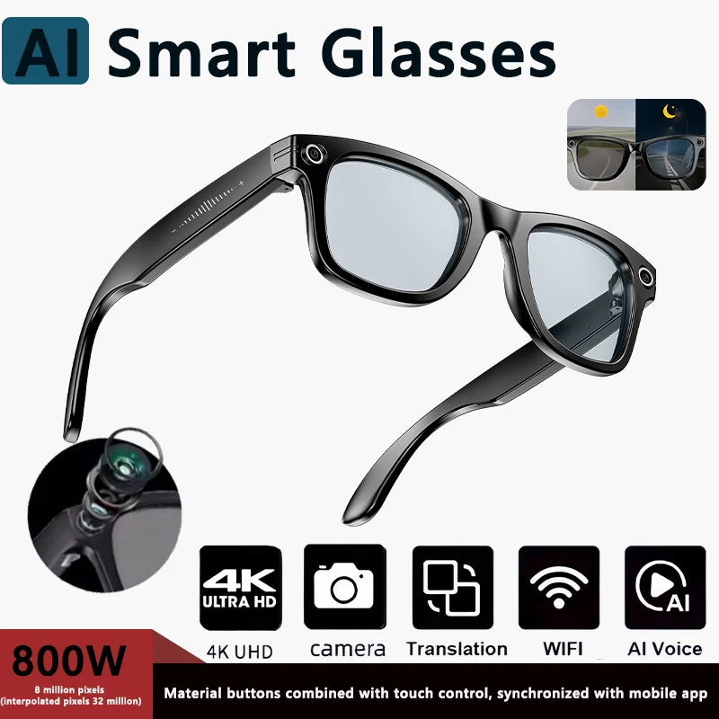 AI Smart Glasses with 8MP Camera Video Recording 100+ Languages Translation Blue LightSunglasses Bluetooth Call WIFI Men Women