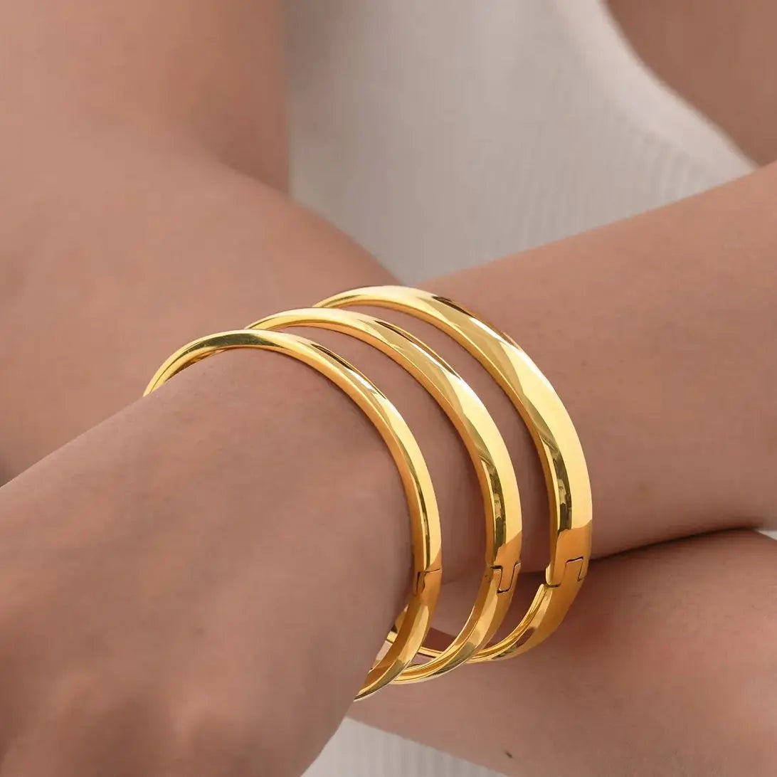 18K Gold Plated Stainless Steel Women's Bangles – Smooth Openable, 4/5.7/7.7mm