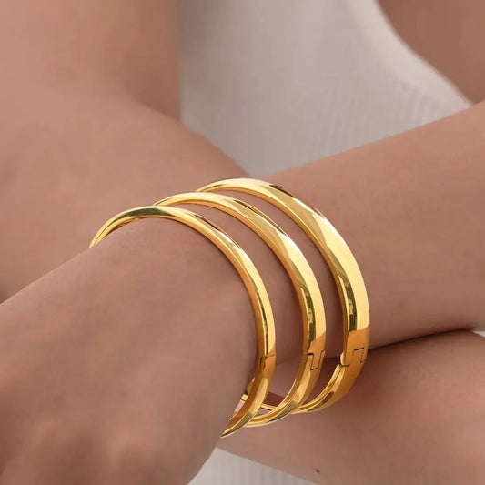 18K Gold Plated Stainless Steel Women's Bangles – Smooth Openable, 4/5.7/7.7mm