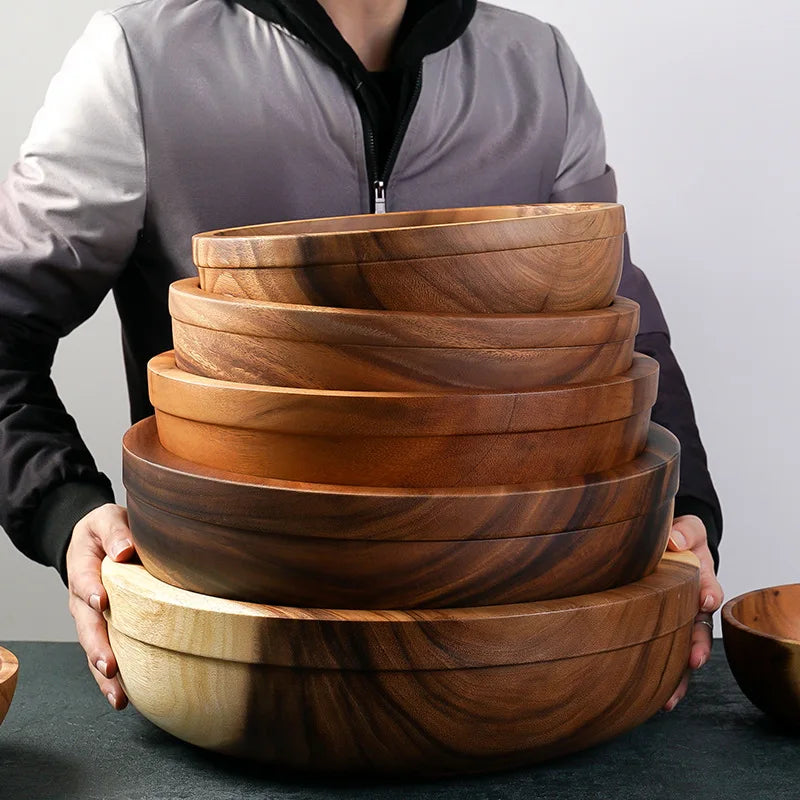 Extra Large Solid Wood Bowl & Tray Set Round Wooden Salad Bowl Ramen Mixing Bowl Natural Wood Tableware