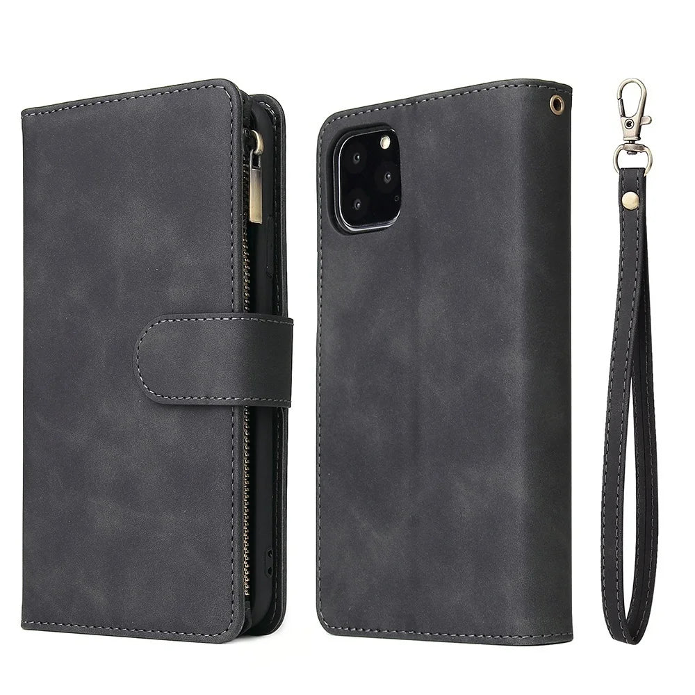 iPhone Leather Wallet Case – Magnetic Flip with Card Slots & Zipper