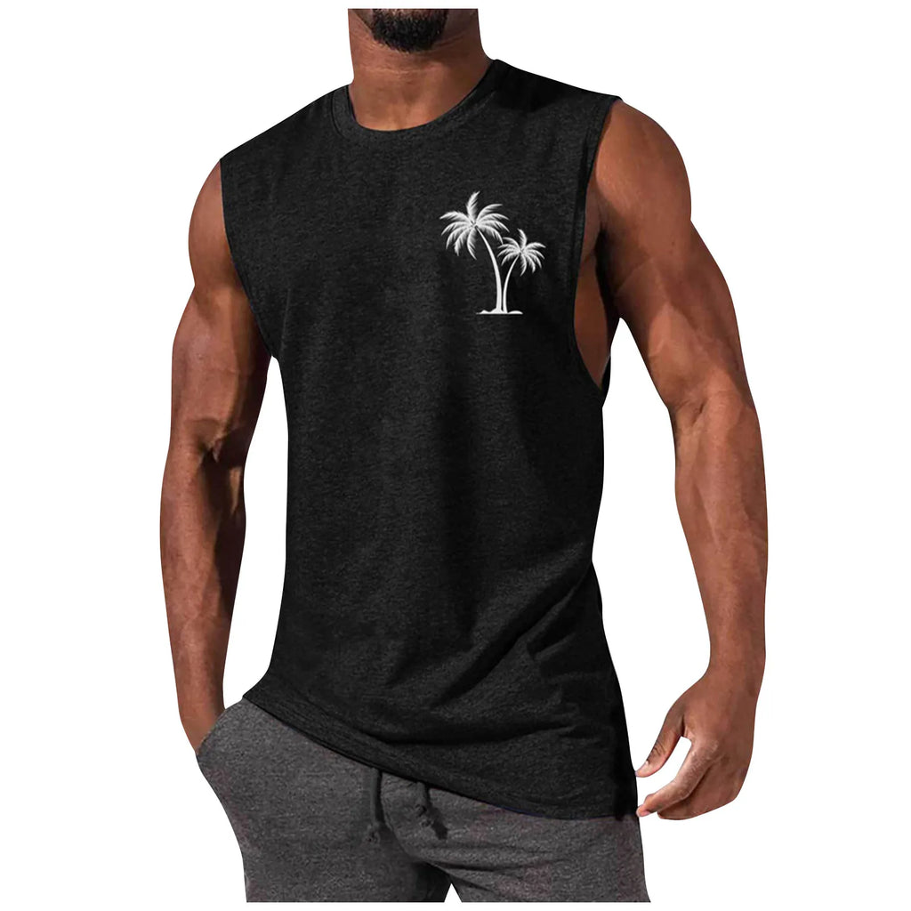 2025 Men'S Muscle Fitness Shirt Sports T-Shirt Gym Training Shirt Summer Casual Vest Tree Print Sleeveless Round Neck