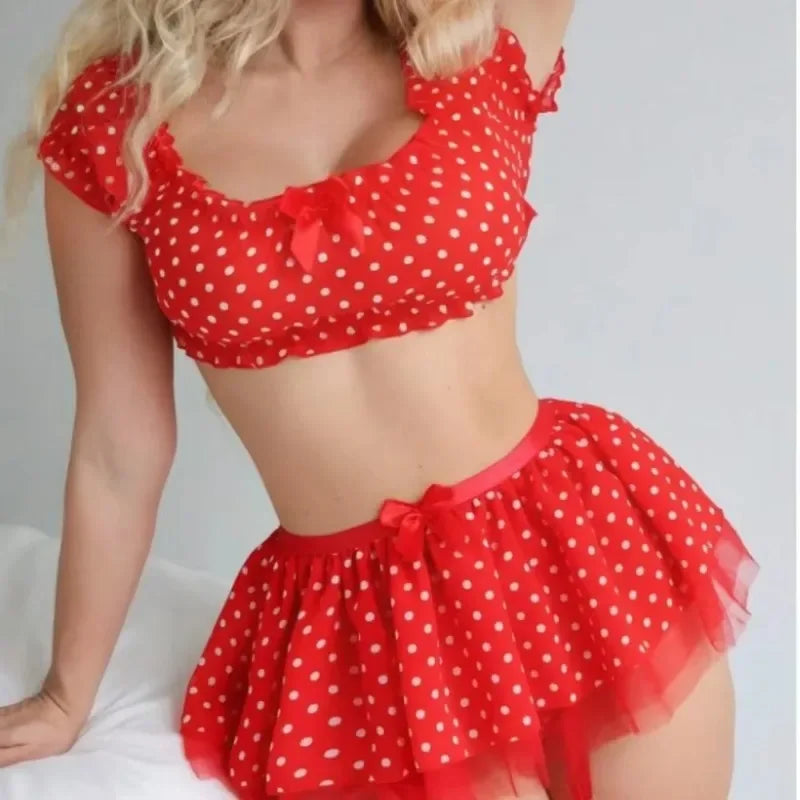 Women's Erotic  Short Skirt with Garter Straps Sexy Lingerie Women Sexy Polka Dot Off Shoulder Puffy Skirt Polka  Exotic Set