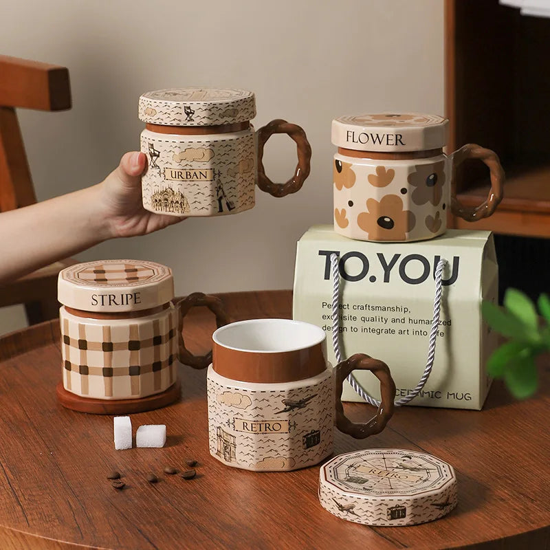 Retro Ceramic Coffee Mug with Lid – Vintage Style Luxury Drinking Cup