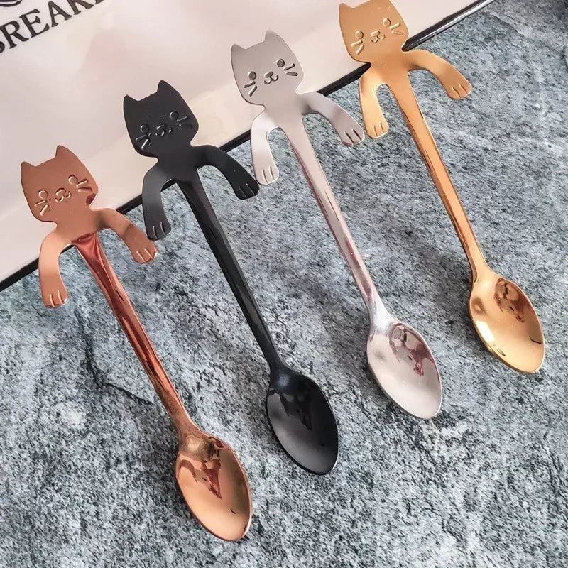 Cute Cat Shaped Stainless Steel Coffee Spoon Mini Dessert Ice Cream Teaspoon Kitchen Tableware