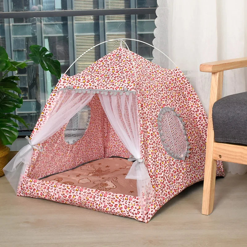 Semi Enclosed Cat Tent Bed Floral Pet Nest for Cats & Small Dogs Cozy All Season Pet House Breathable Summer Cat Bed