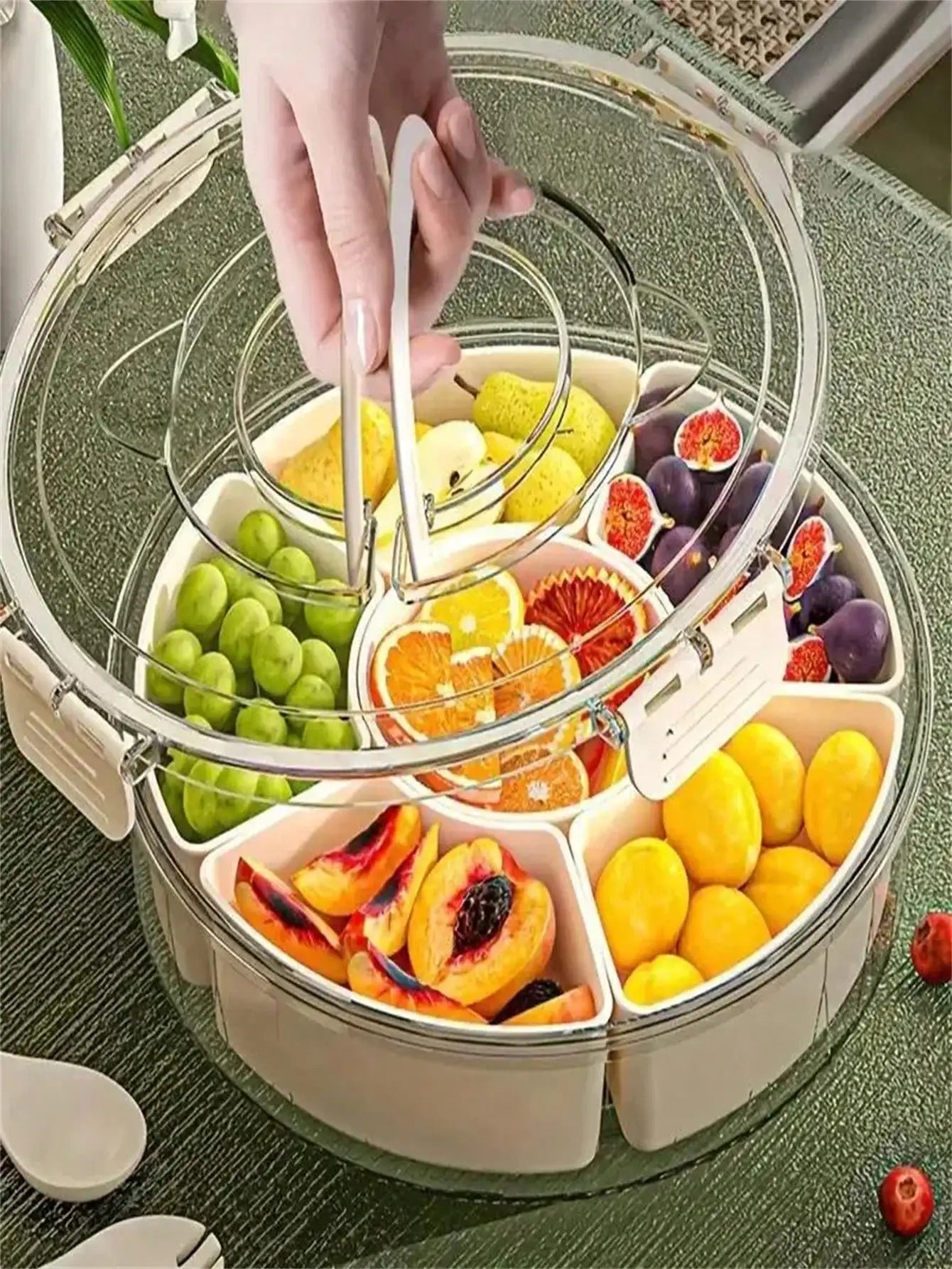 Portable Rotating Snack Tray with Lid – Divided Fruit & Snack Organizer