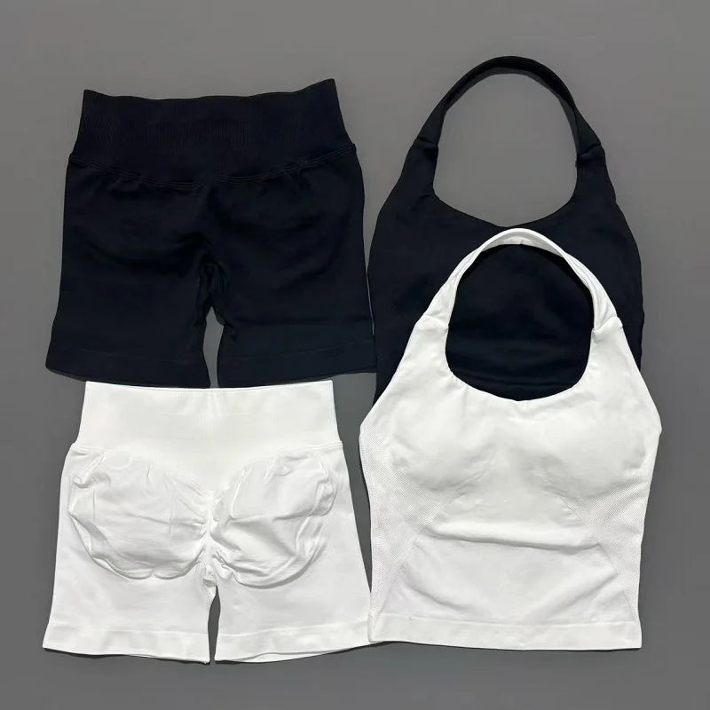 2 Pcs HISTELLO Halter Top Strappy Bra Shorts Set Women Yoga Workout Clothes Seamless Vest Hip-Lifting Sports Leggings Gym Suit