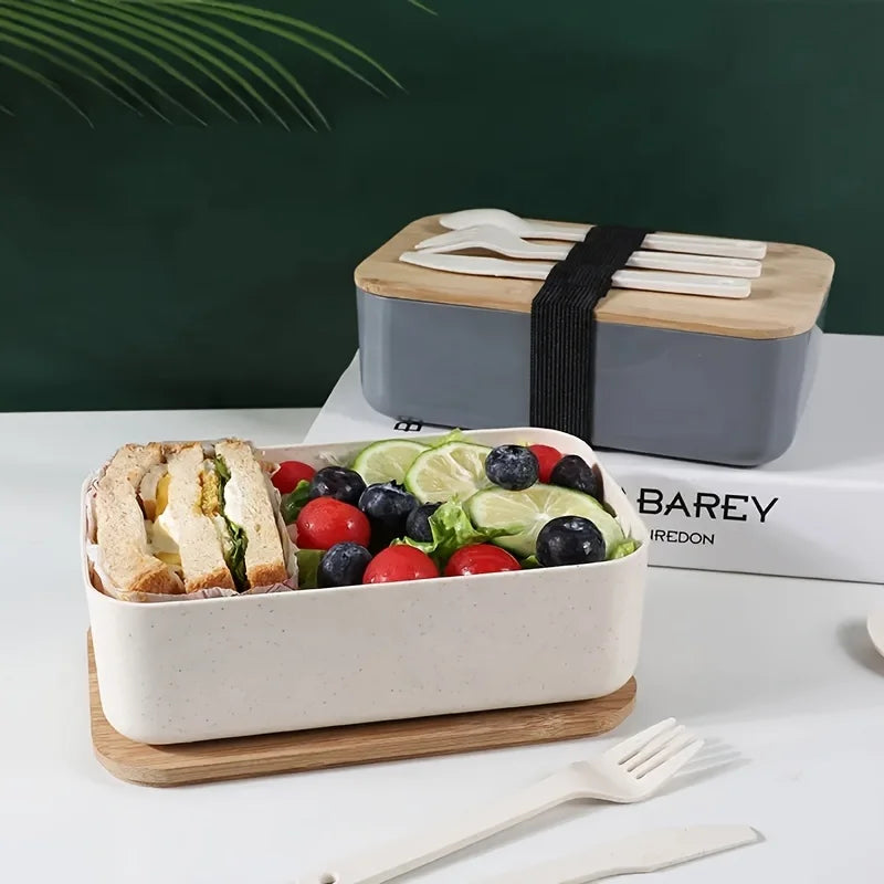 Bamboo Lid Lunch Box And A Set Of Knives, Forks And Spoons Sealed Lunch Box Salad Suitable For Work,School,Camping