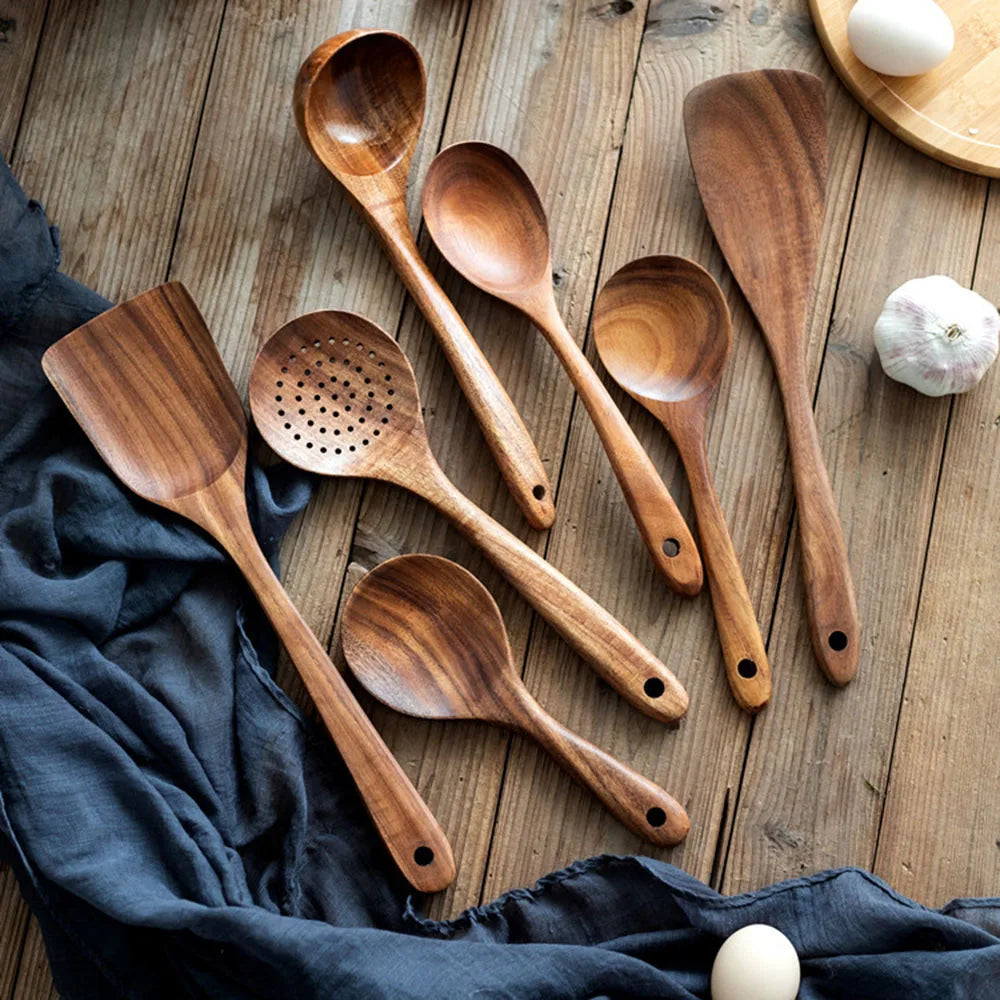 Wooden Kitchenware Cooking Shovels Spoon Colander Kitchen Utensils Set Household Cutlery Rack Teak Natural Wood Cookware
