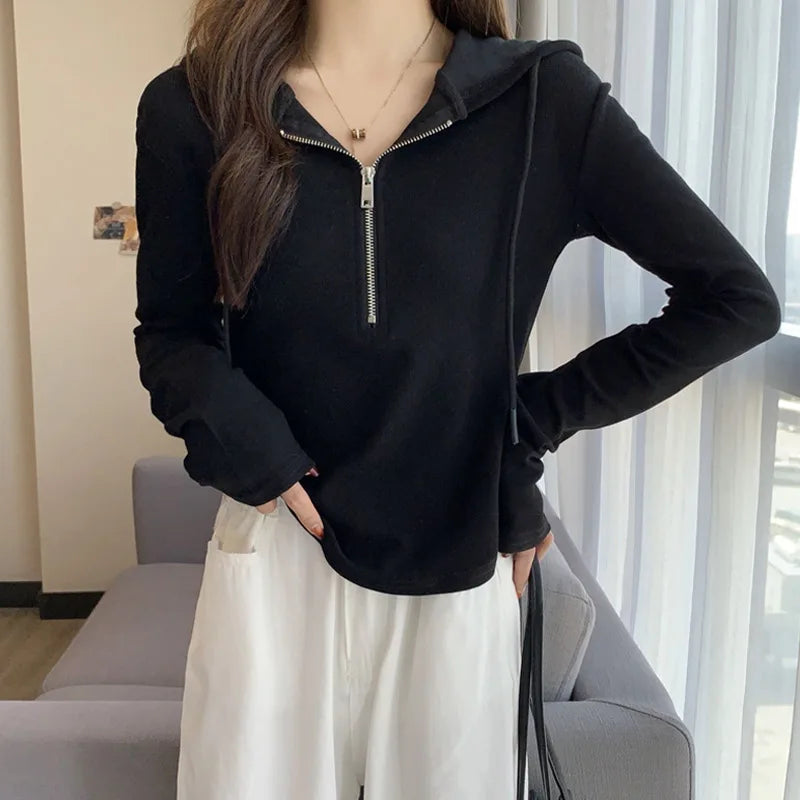 Sweatshirt Design Niche Spring Summer Short Zipper Top Slimming Thin Long-sleeved Hooded Fashion Women's Clothing