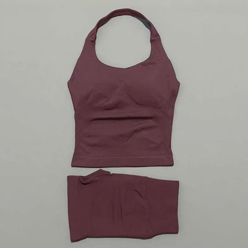 2 Pieces Impact Halter Top Strappy Bra Shorts Set Women Seamless Yoga Gym Leggings Set Running Fitness Sports Shorts Suit