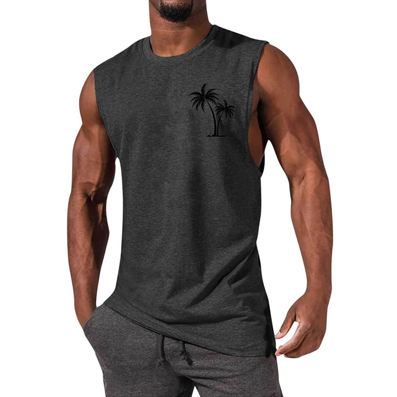 2025 Men'S Muscle Fitness Shirt Sports T-Shirt Gym Training Shirt Summer Casual Vest Tree Print Sleeveless Round Neck
