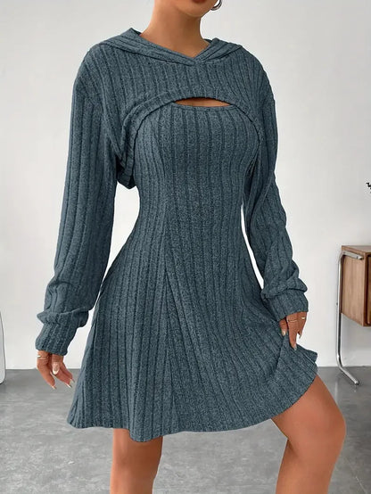 Women's Two-Piece Autumn Outfit – Long Sleeve Hooded Top & Sleeveless A-Line Dress