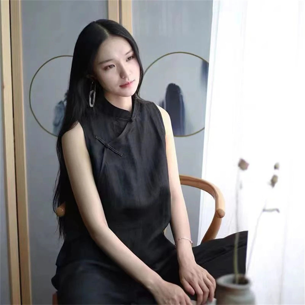 Women’s Sleeveless Hanfu Vest – Linen Cotton Tang-Style Cardigan