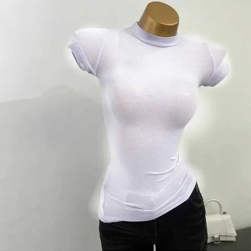 Women Korean Half Turtleneck Short Sleeve Slim Fit T-Shirt Stretch Bodycon Solid Basic Inner Layer Sexy Summer Top