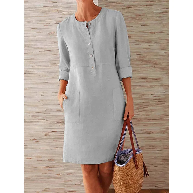 Women’s Cotton Linen Tunic Dress – Long Sleeve Knee-Length