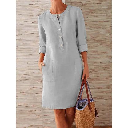 Women’s Cotton Linen Tunic Dress – Long Sleeve Knee-Length